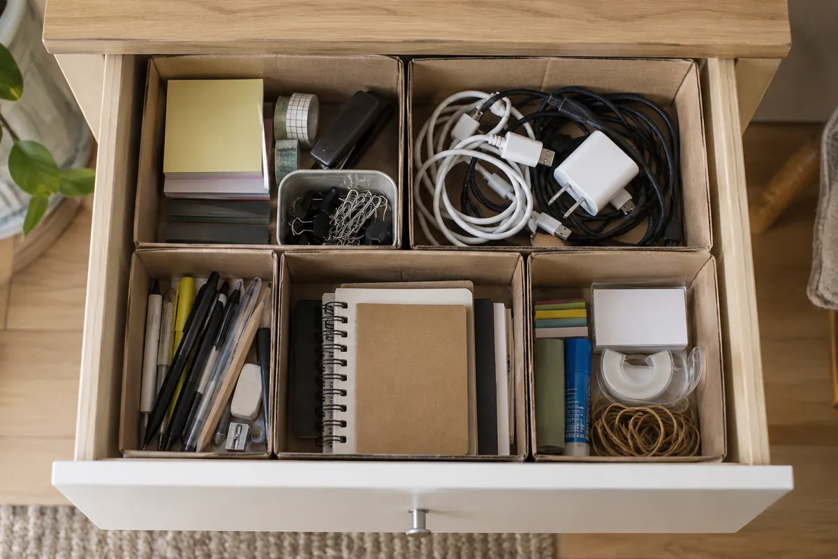 Top view of a drawer divided with reused boxes for stationery and cables