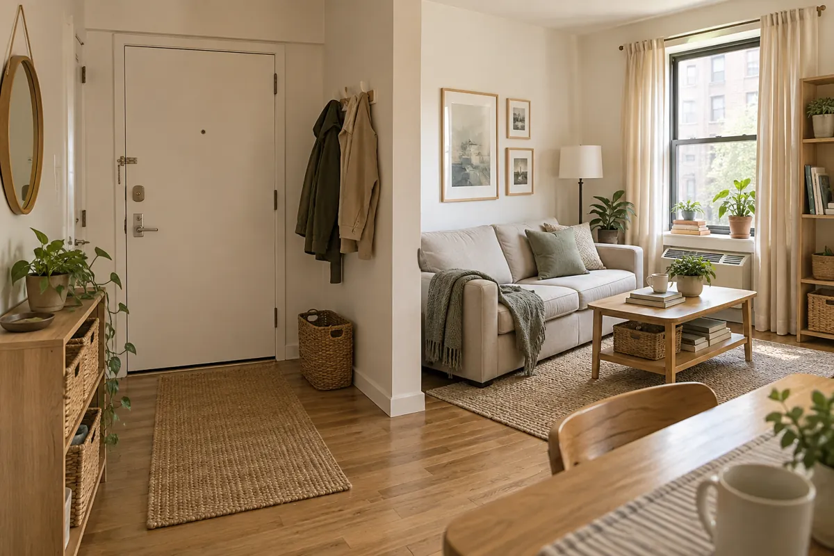 Compact apartment entry beside a living area with low wooden furniture and baskets