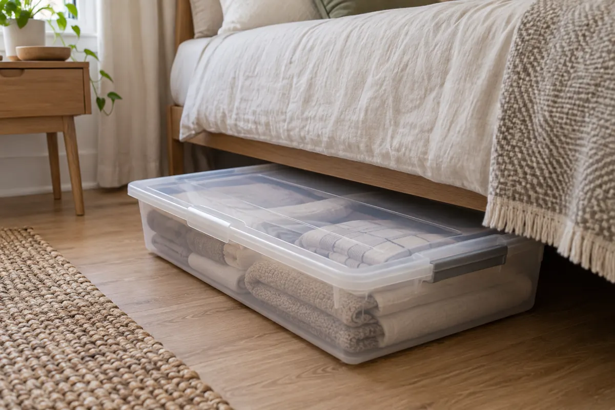 Shallow covered container of folded linens partly pulled out from under a bed
