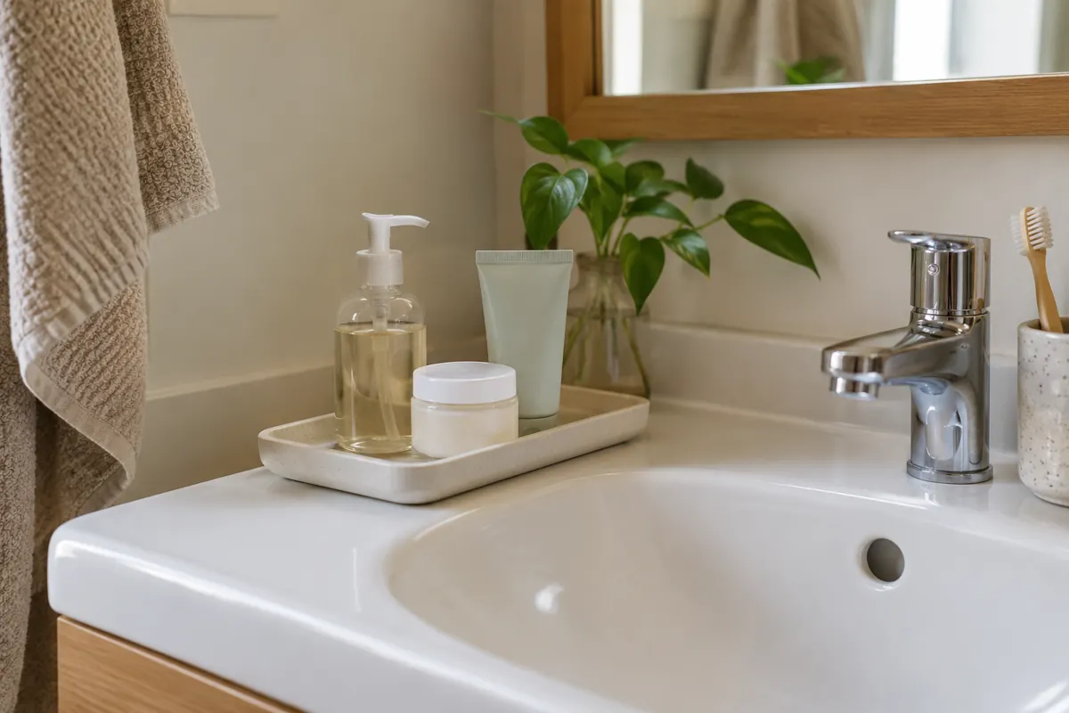 Small tray holding unbranded daily toiletries beside a bathroom sink