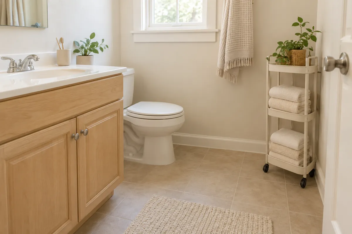 Small rental bathroom with an existing wood vanity, clear sink counter and a narrow wheeled towel cart