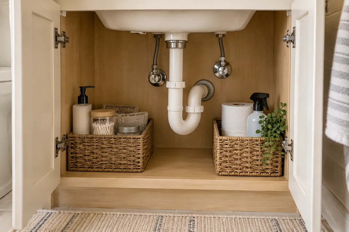 Two small baskets on either side of exposed under-sink plumbing and a shutoff valve