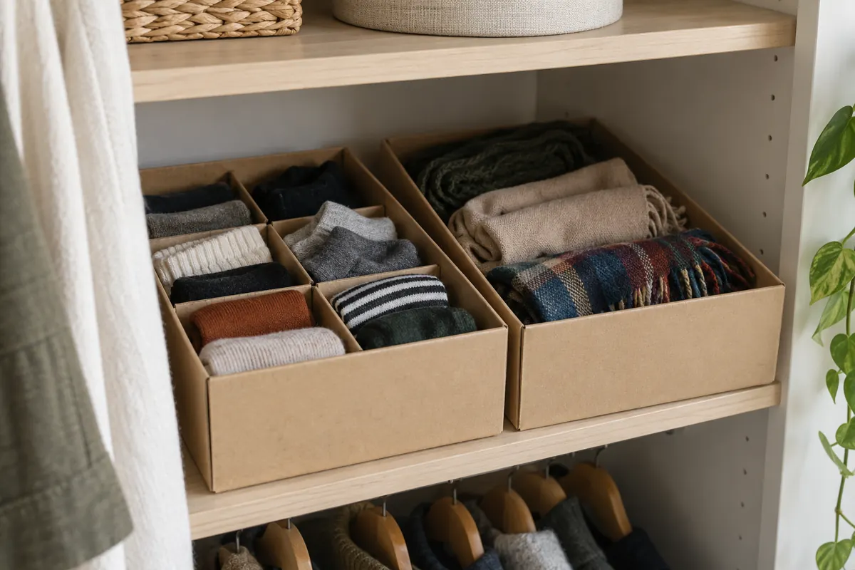 Reused cardboard shoeboxes holding folded socks and scarves on a closet shelf