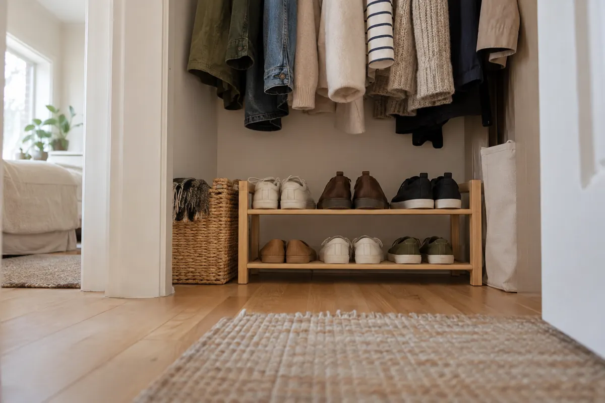 Low two-tier shoe rack beneath a row of short hanging shirts