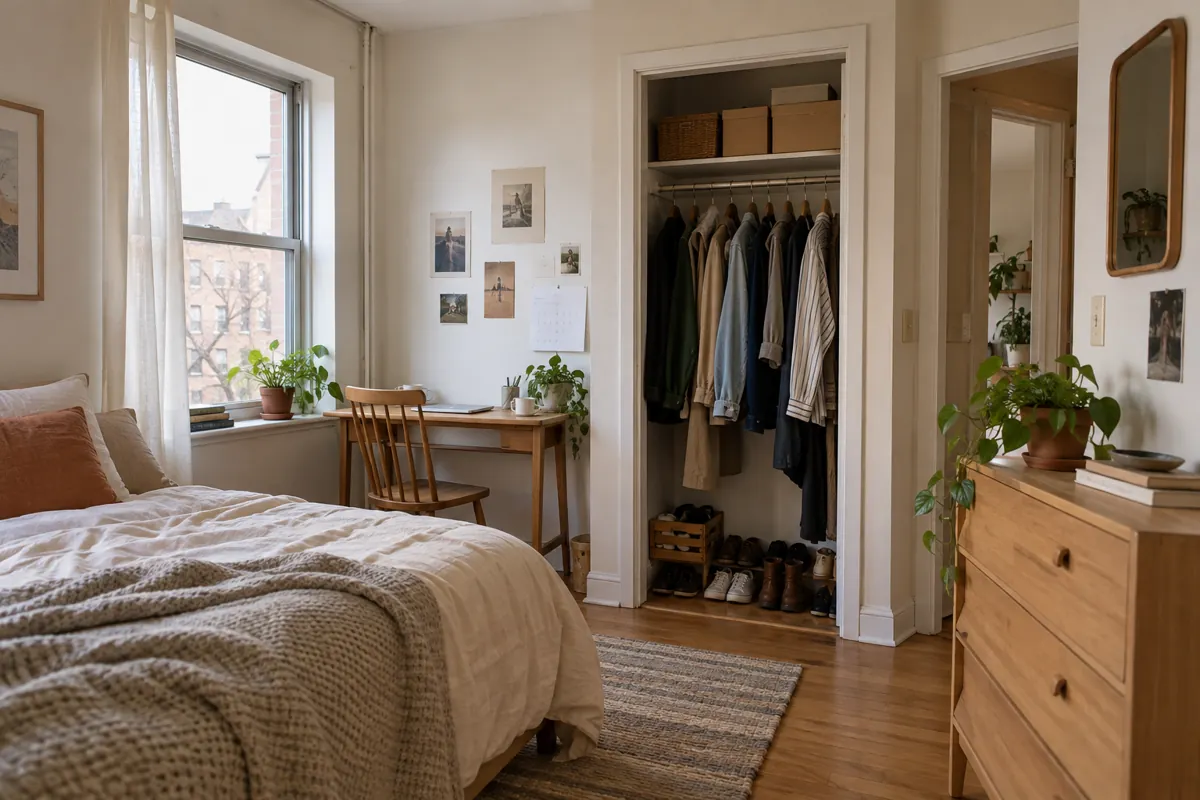 A narrow open closet with hanging shirts, upper shelf boxes and shoes in a small bedroom