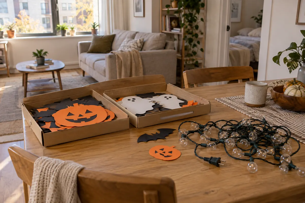 Flat Halloween paper decorations in shallow cardboard trays with unplugged string lights nearby