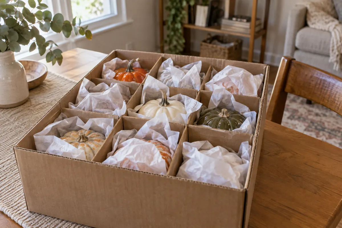 Small decorative pumpkins individually cushioned in divided cardboard compartments
