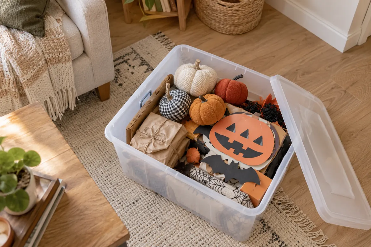 Open shallow storage bin holding fabric pumpkins and flat Halloween decorations