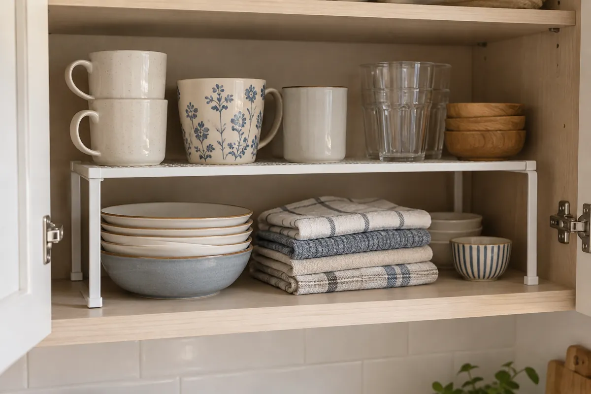 Freestanding shelf insert separating everyday dishes in an existing cabinet