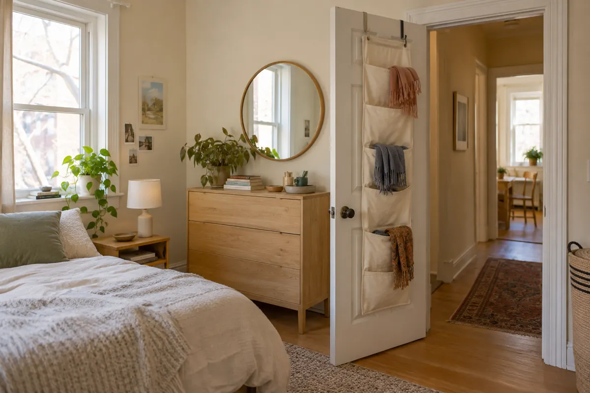 Lightweight fabric pocket organizer holding scarves over an open bedroom door