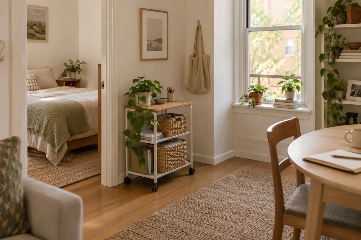 Low movable cart holding folded textiles and baskets in a small rental room